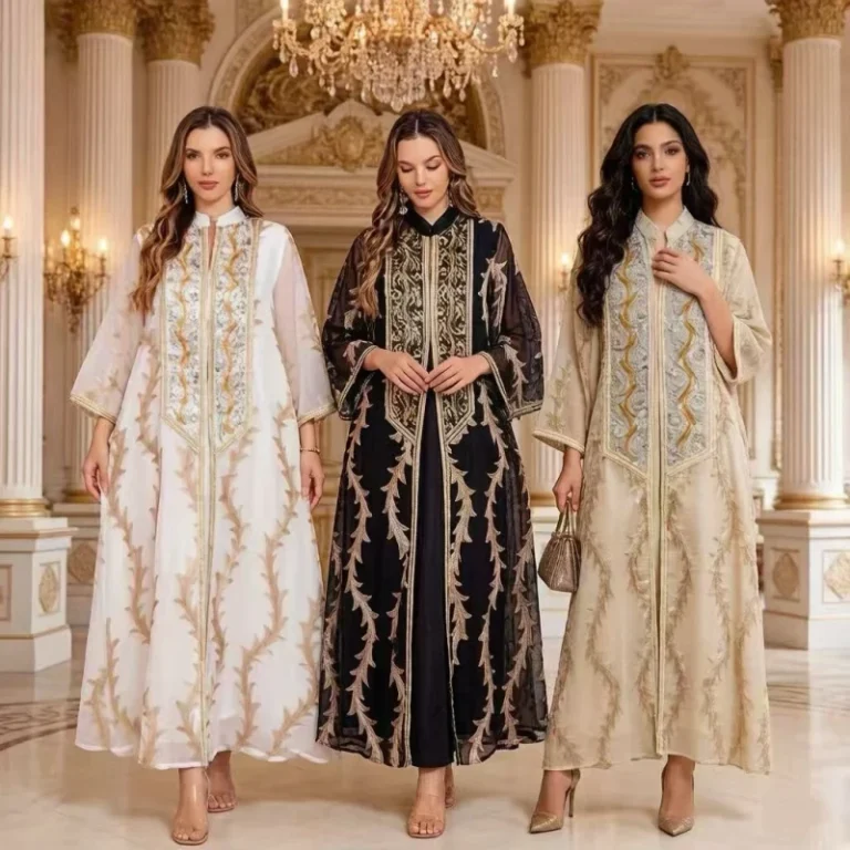 Stock-Mesh-Embroidered-Dubai-Party-Robe-Long-Skirt-Muslim-Womens-Abaya-Breathable-Lightweight-Polyester-Floral