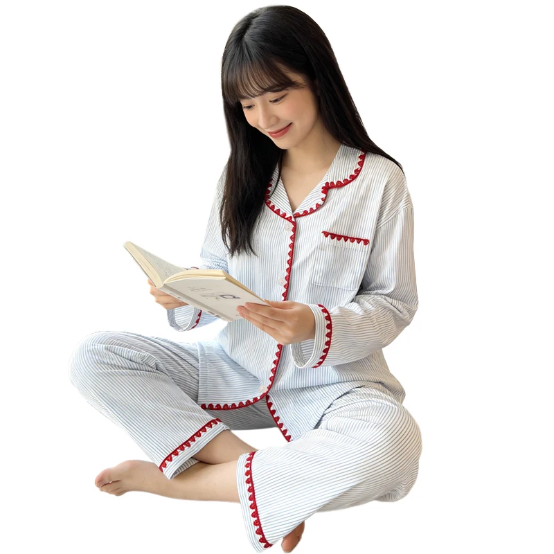 Stylish Minimalist Striped Korean style Casual Crescent neck Women's Pajamas And Loungewear Set