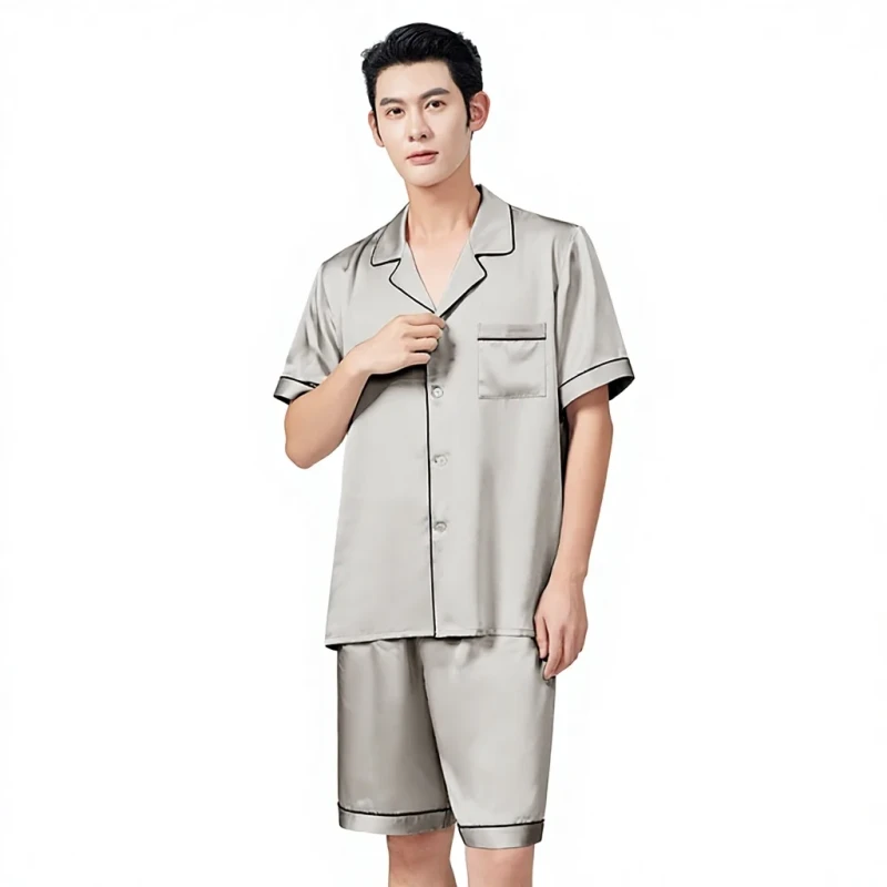 Summer 100% Mulberry Silk Pajamas Men's Thin Breathable Short Sleeve Shorts Two Piece Set Solid Casual Homewear Suit