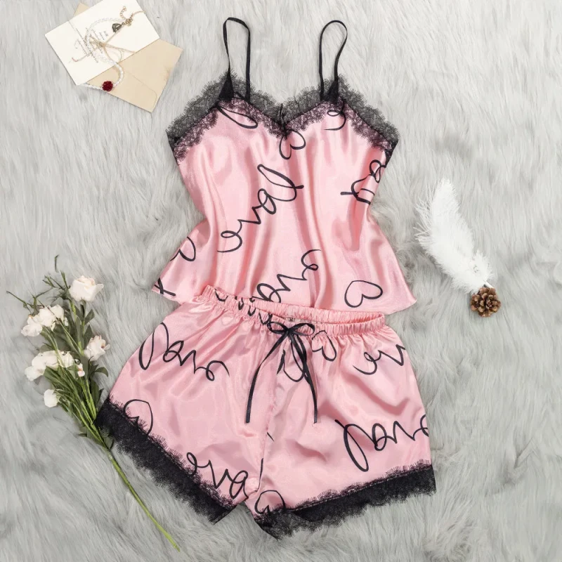 Summer 2-Piece Women's Satin Pajama Set Sexy Lingerie Camisoles Tanks Shorts Homewear Print Suit Nighty Sleepwear