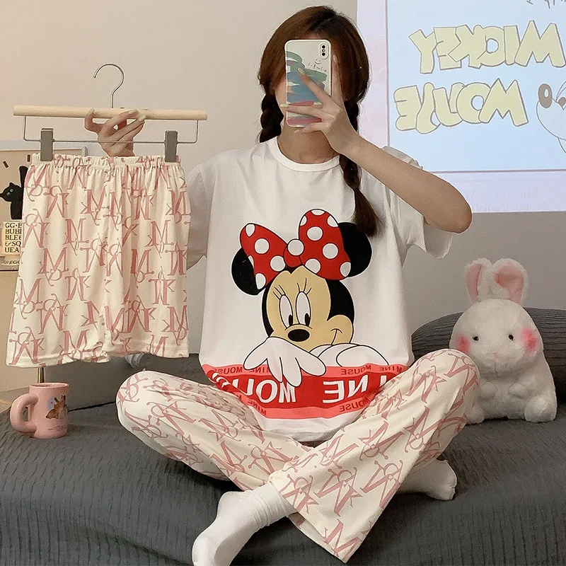 Summer 3pcs Woman Sleepwear Cartoon Printing Ladies Pajamas Short Sleeve Lady Pajamas