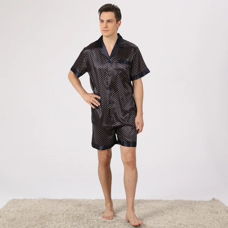 Summer At home Men's Breathable Casual Pajamas Soft Ice Silk Polyester 2 Piece Short Sleeve with Pockets for Comfortable Sleep