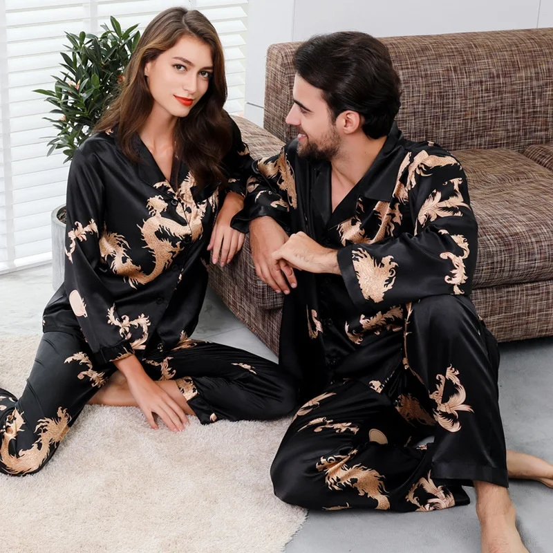 Summer Breathable Couple Silk Thin Full Length Pajamas Men's Women's Set Chinese Style Long Sleeve Mulberry Silk