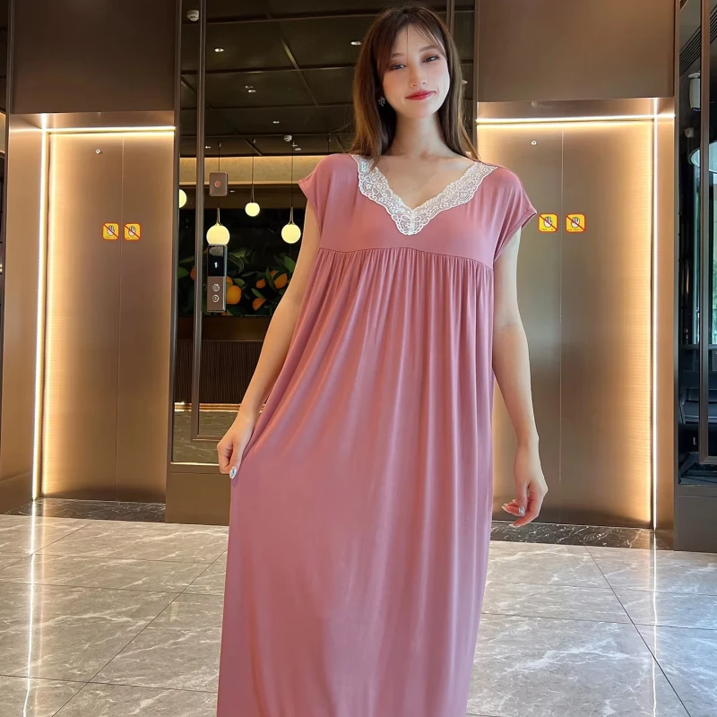 Summer Breathable Women Nightdress Lace V neck Collar Loose Pure Color A line Nightdress