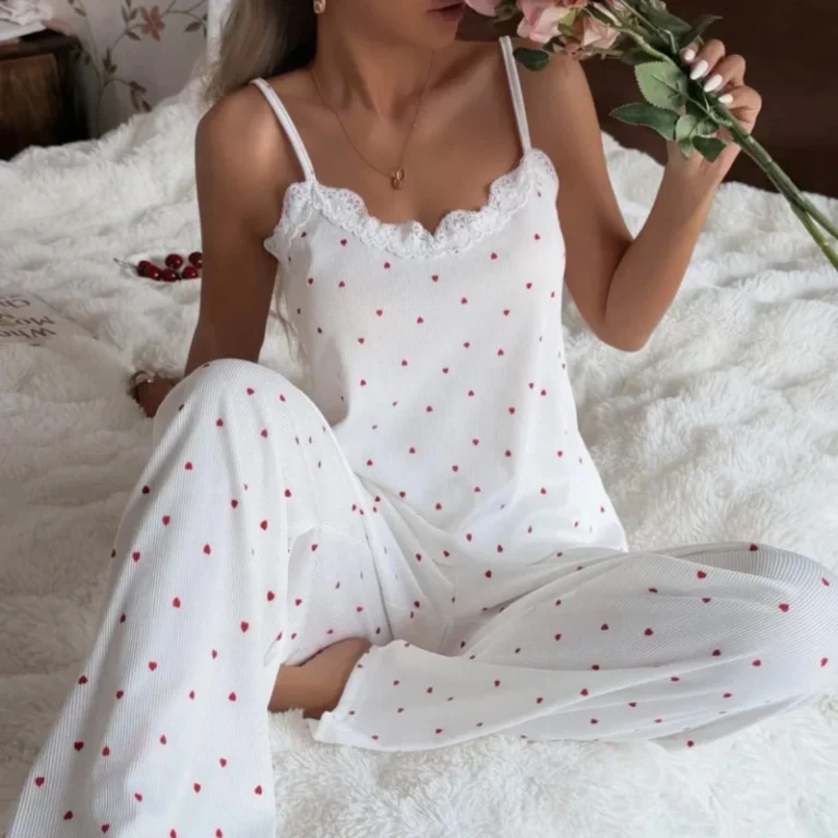 Summer-Casual-Women-Knitted-Pajama-Set-Heart-Print-Lace-Trim-Sling-Camisole-Pants-Sleepwear-Lounge-Wear