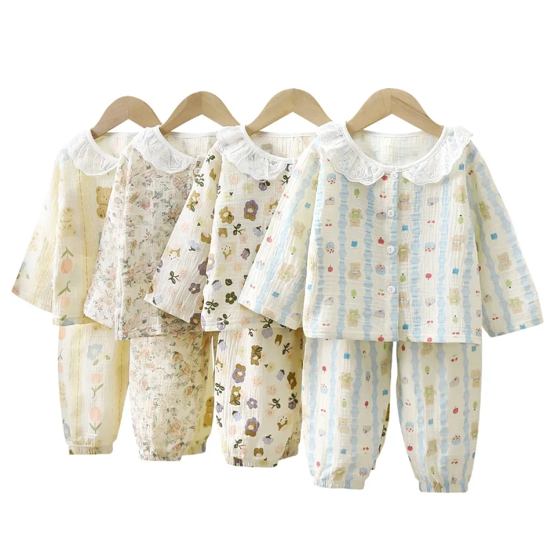 Summer Children's Home Clothing Set 100% Cotton Gauze Pajamas for Girls and Boys Baby Clothes