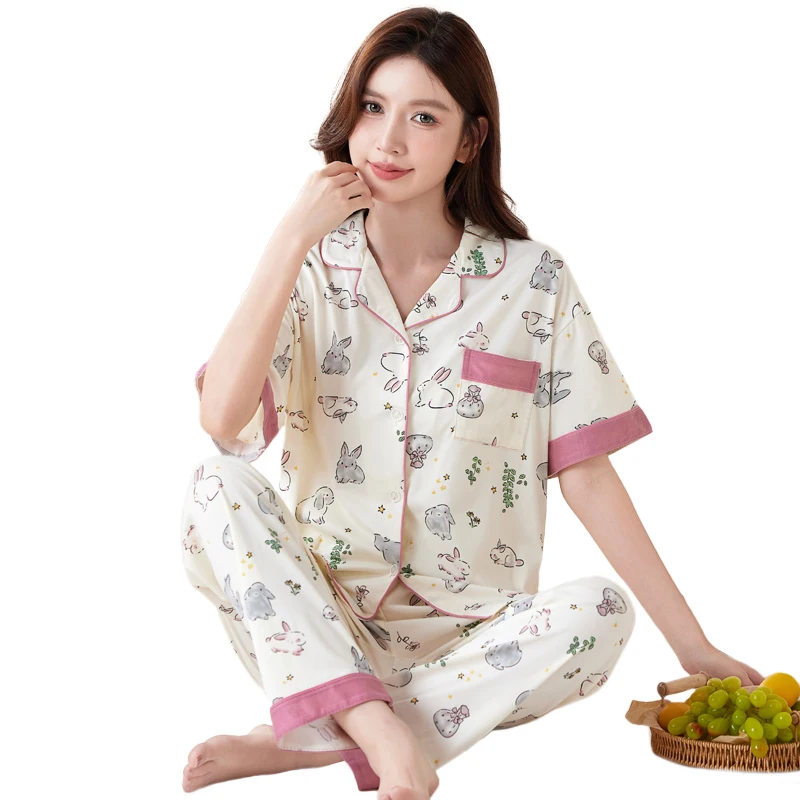 Summer Collection Women's Short sleeve Long pants Pajamas With Cardigan and Collar Plus Size Loungewear