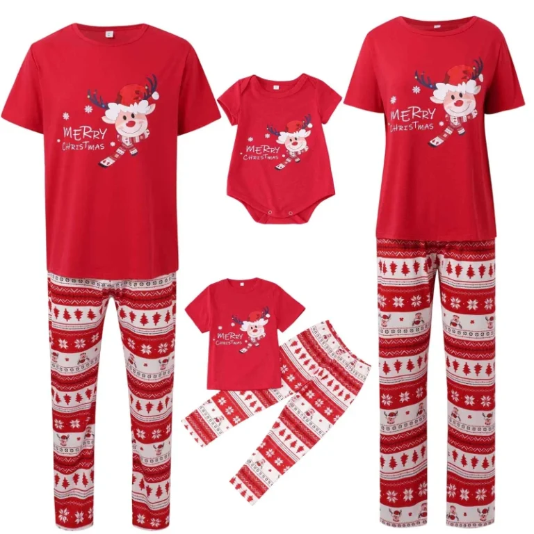 Summer-Cotton-Christmas-Family-Matching-Home-Set-Printed-Pajamas-Short-Sleeve-Round-Neck-Casual-Homewear-Parent-Kid-Xmas-Outfits