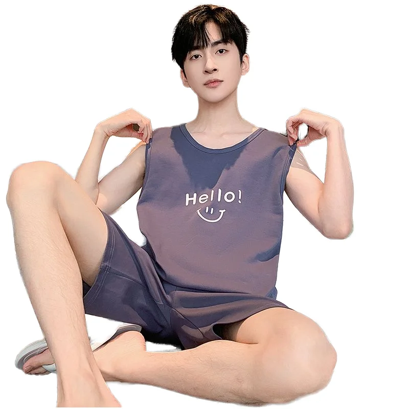 Summer Cotton Men's Pajamas Cartoon Print Vest Gray Shorts Set Fashion Casual Comfortable Pajamas