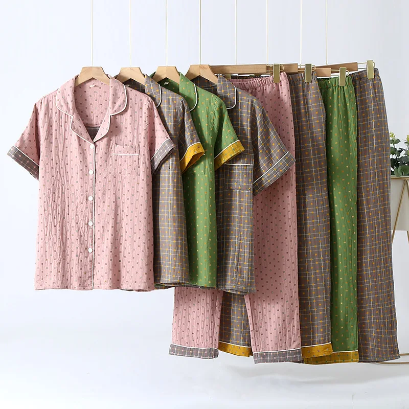 Summer Cotton Pajamas Set Women's Short Sleeve Full Cotton Double Layer Gauze Men's Thin Woven Couple