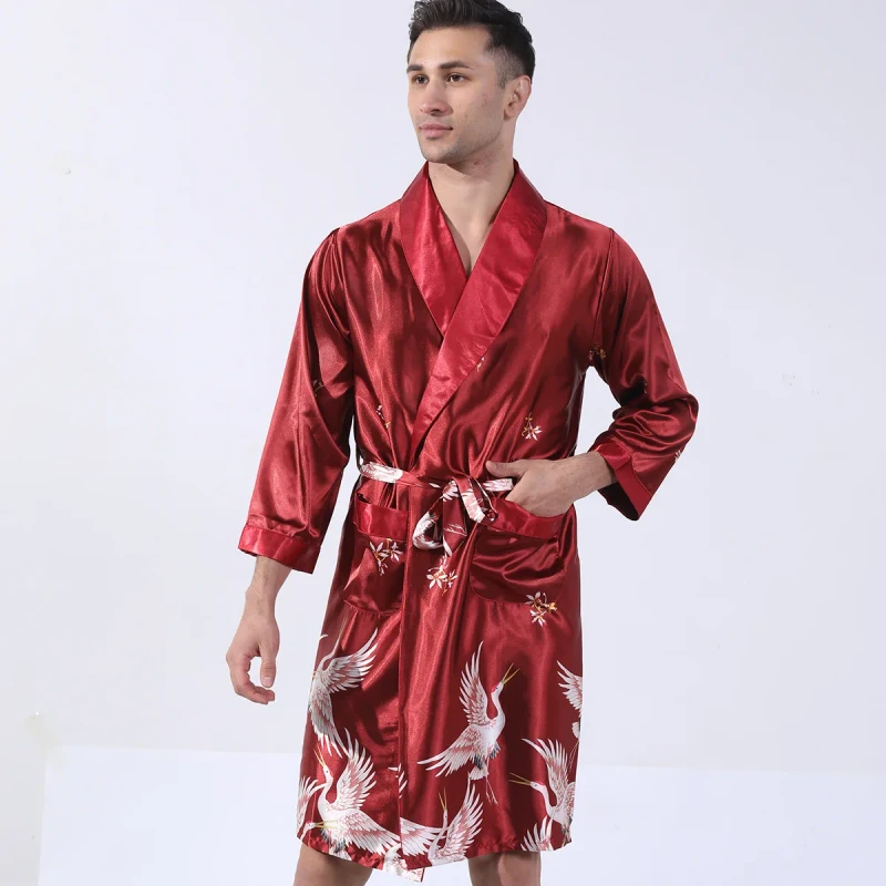 Summer Custom Men's Robe Pajamas Set Breathable Imitated Silk Long Sleeve Solid Pockets European American Style Loungewear for