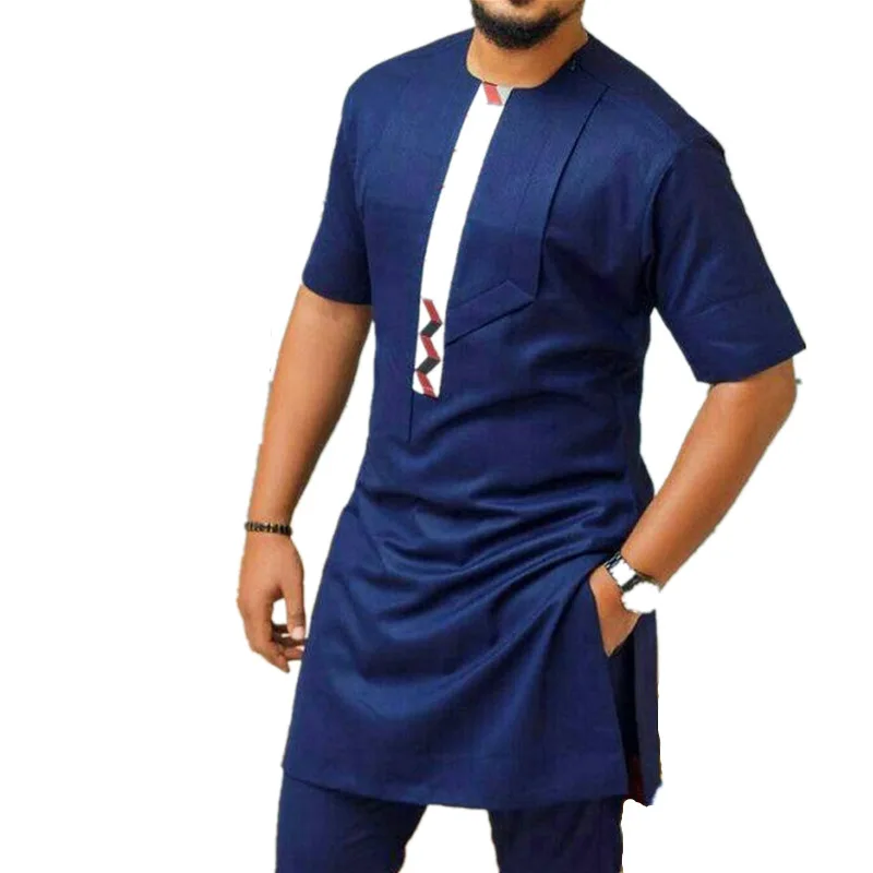 Summer Fashionable Ethnic Style Casual Slim Fitting Long Robe Two Piece Set Short Sleeved Transparent Fabric Men's C