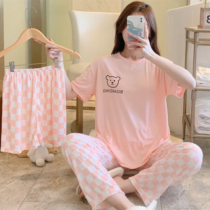 Summer Female Three Piece Set Korean Version Casual Home Clothes Suit Elastic Waist Short Sleeve Trousers Pajamas Sets