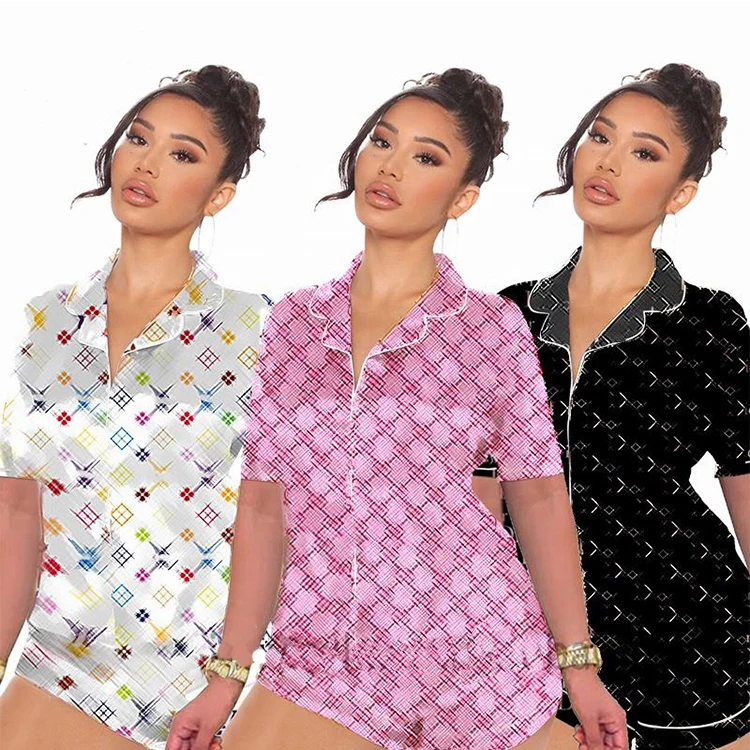 Summer Girls Sleepwear Two Piece Pajama Set Satin Silk Pajamas Designers Print Pyjamas Short Pajamas for Women
