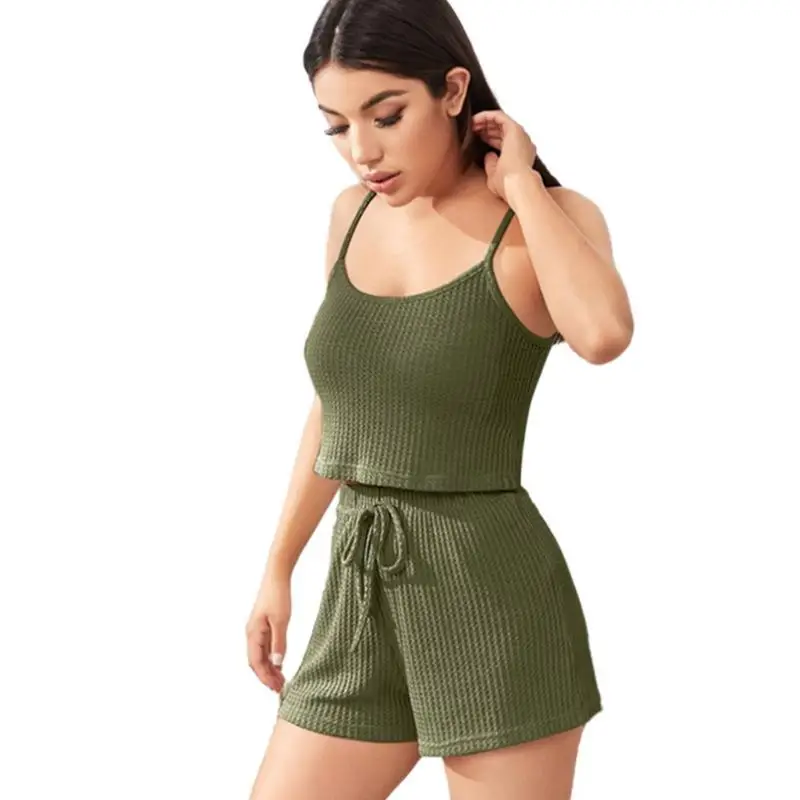 Summer Homewear Thread Fabric 2 Piece Vest Camisole Loose Short Pants Pyjamas Sleepwear Women