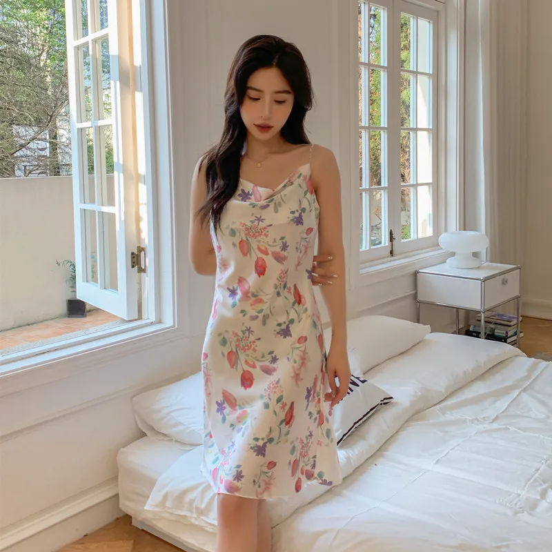 Summer Ice Silk Lady Condole Belt Nightdress Nighty Fashion Print Pajamas Plus Size Sleepwear Leisure Women Home Dresses