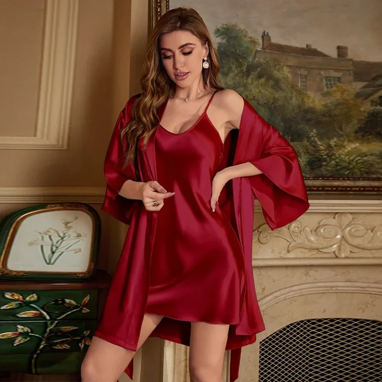 Summer-Ice-Silk-Polyester-Womens-Summer-Robe-Camisole-Two-piece-Set