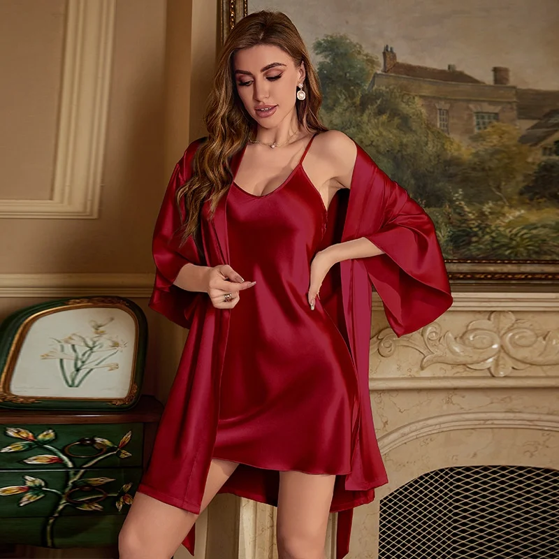 Summer Ice Silk Polyester Women's Summer Robe Camisole Two piece Set