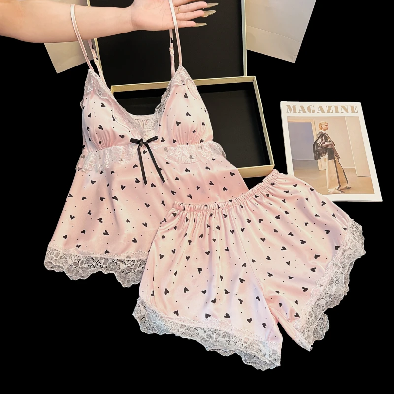 Summer Ladies' Pajamas Ice Silk Ribbed V Neck Sexy Homewear Cozy Camisole 2 Piece Set Removable Chest Pads Lace Floral