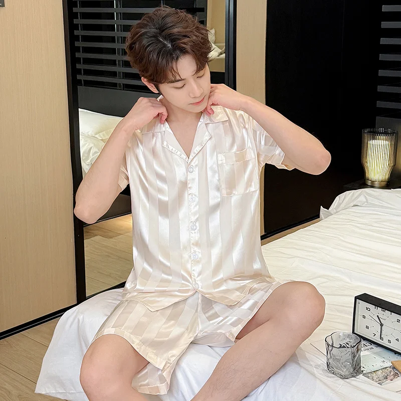 Summer Men Ice Silk Pajamas Set Printed Cardigan Shorts Plus Size Men's Silk Sleepwear Set
