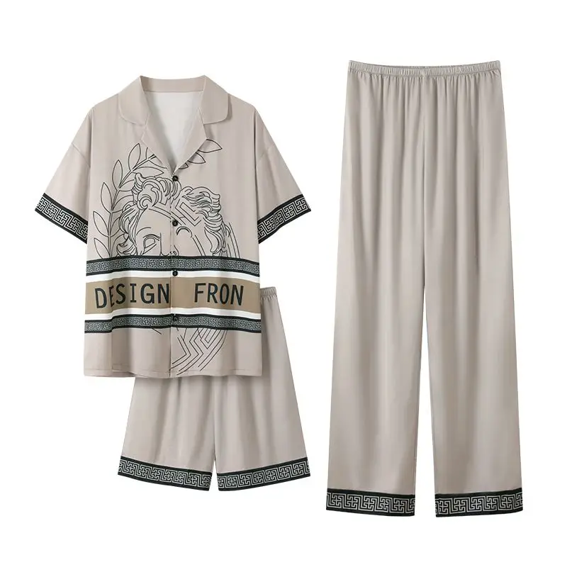 Summer Men Ice Silk Short sleeved Pajamas Letter Print Lapel Shirt Comfortable Pajamas Home Wear 3 piece Pajamas