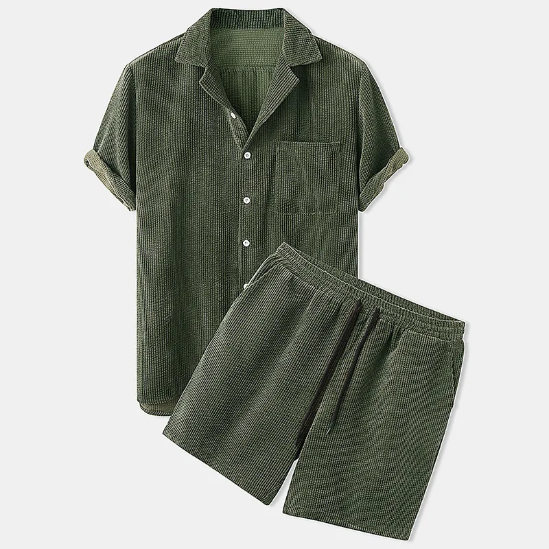Summer Men's Casual Outfits Custom Oversize 2 Piece Solid Corduroy Shorts Set Breathable Woven Short Sleeve Set