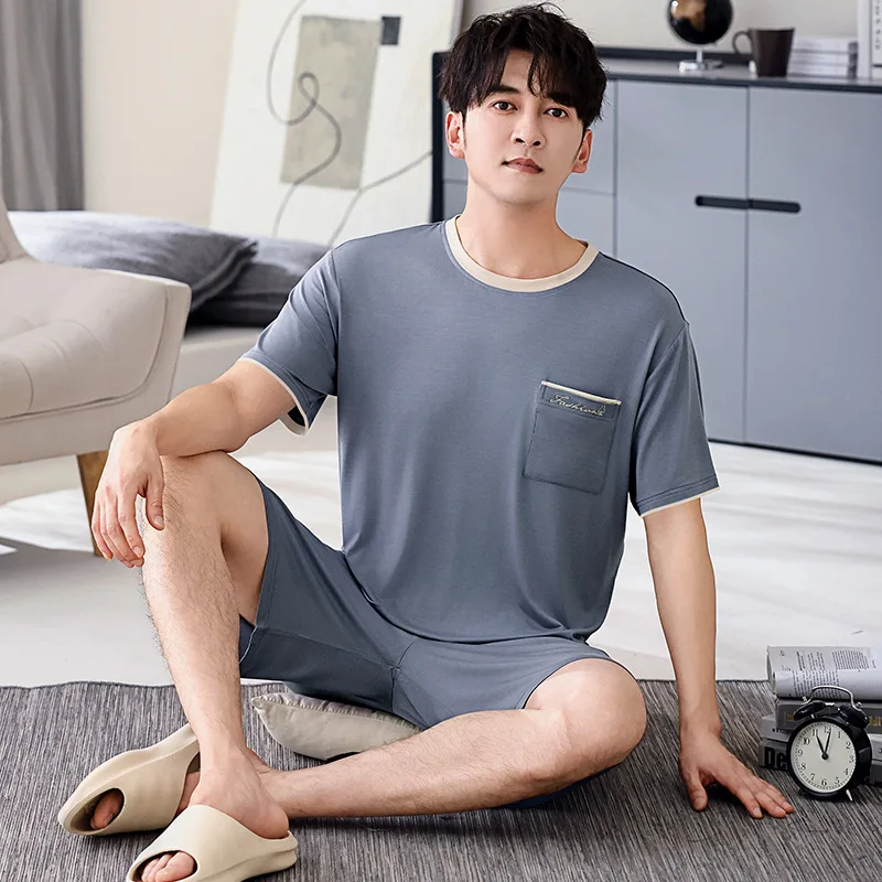 Summer Men's Pajama Set Lightweight Short Sleeve Shorts 2-Piece Wearable Outside Casual Loungewear for Men