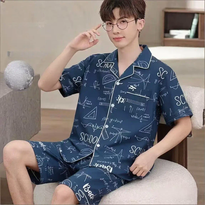 Summer Men's Pajama Set Turn-down Collar Sleepwear 2 Pieces Soft Casual Man Home Wear Thin Cardigan Short Sleeve Shorts Pyjama