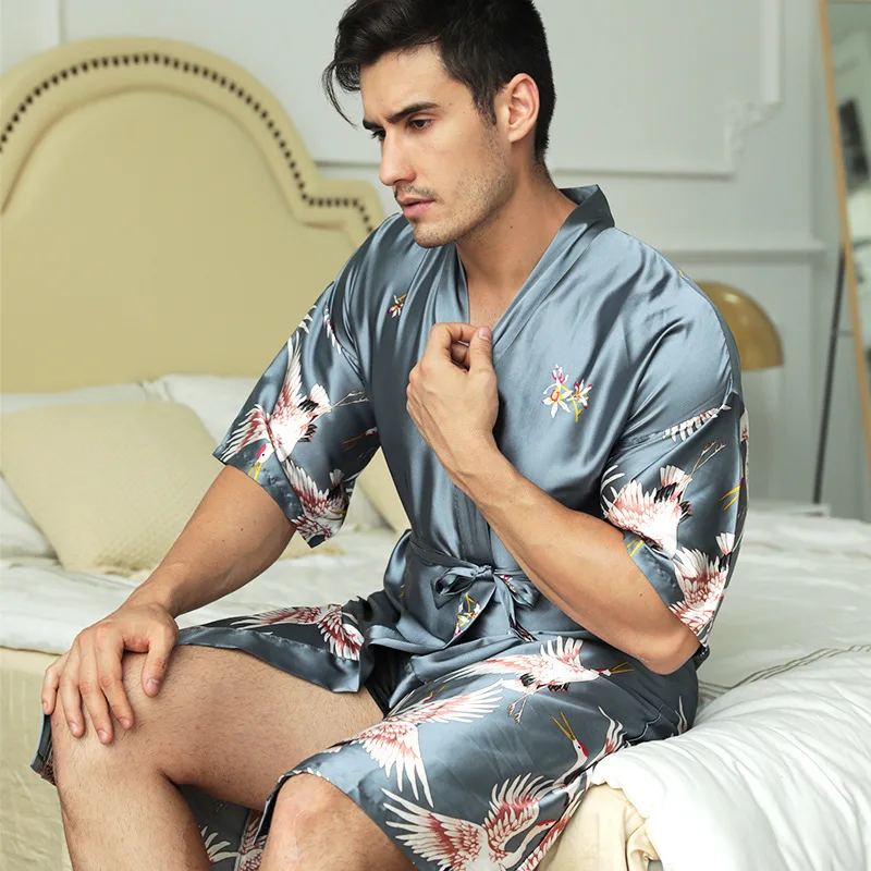 Summer Men's Satin Robe Mid-Length Printed Groom Groomsman Morning Robe Silk-Like Loungewear