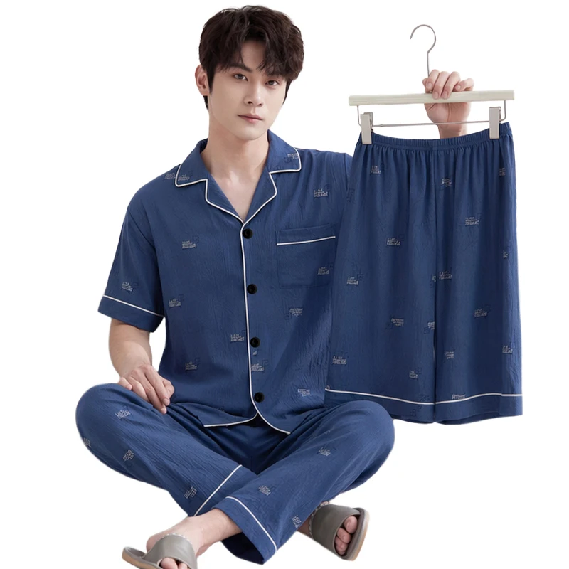 Summer Men's Sleepwear Short-sleeve Plus-size Cardigan Three-piece Outfit For Wearing As Outerwear