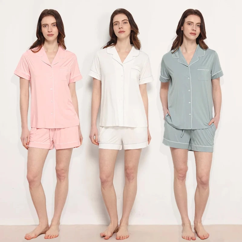 Summer Modal Short Sleeve Custom Solid Cotton Pyjamas PJ Set Sleepwear With Piping Bamboo Pajamas For Women Sets