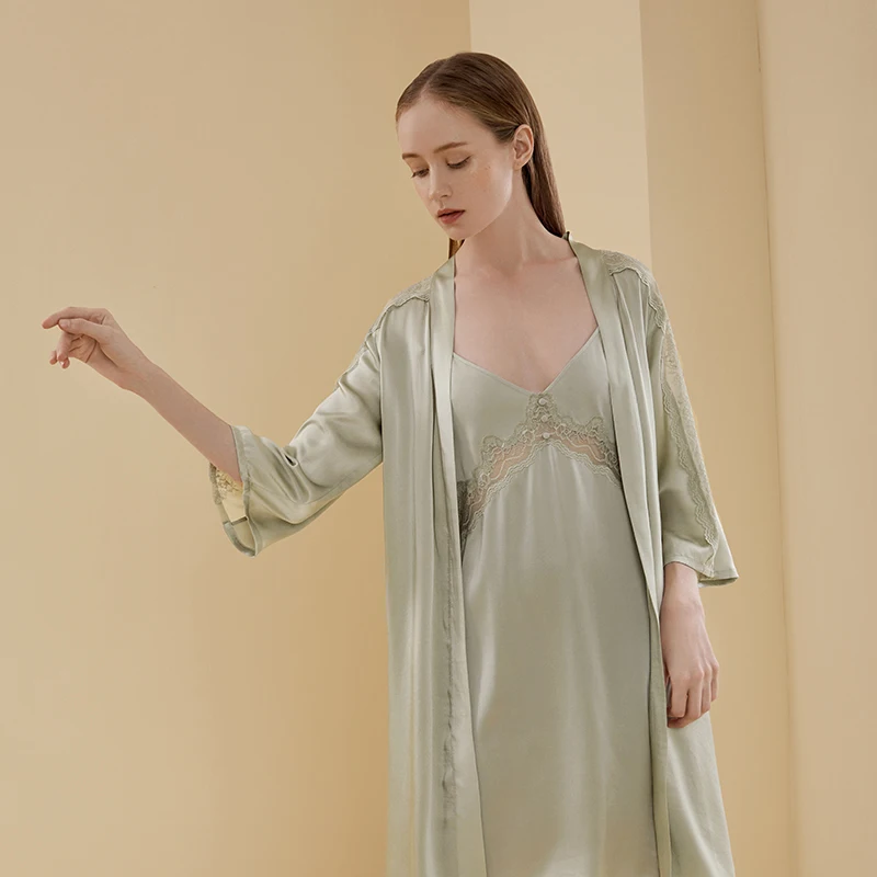 Summer Natural Real Silk Sexy Lace Nightgown Long and Bridesmaids Bridal Nightdress Pajamas Robe Set