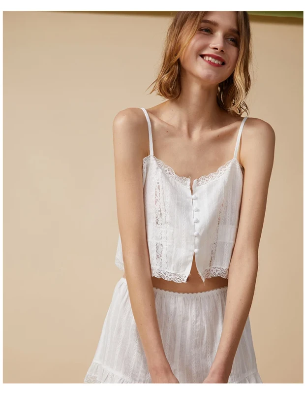 Summer-New-French-Cotton-Sleeveless-Lace-Trim-Ladies-Girls-Lounge-Wear-White-Cotton-Sleep-Wear-for-Women