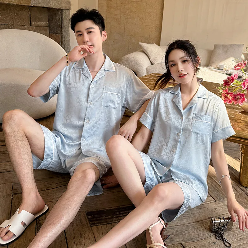 Summer Plus Short Sleeved Short Pants Jacquard Set Lapel Couple Pajamas Men's Home Wear Spring Autumn Women Ice Silk Pajamas