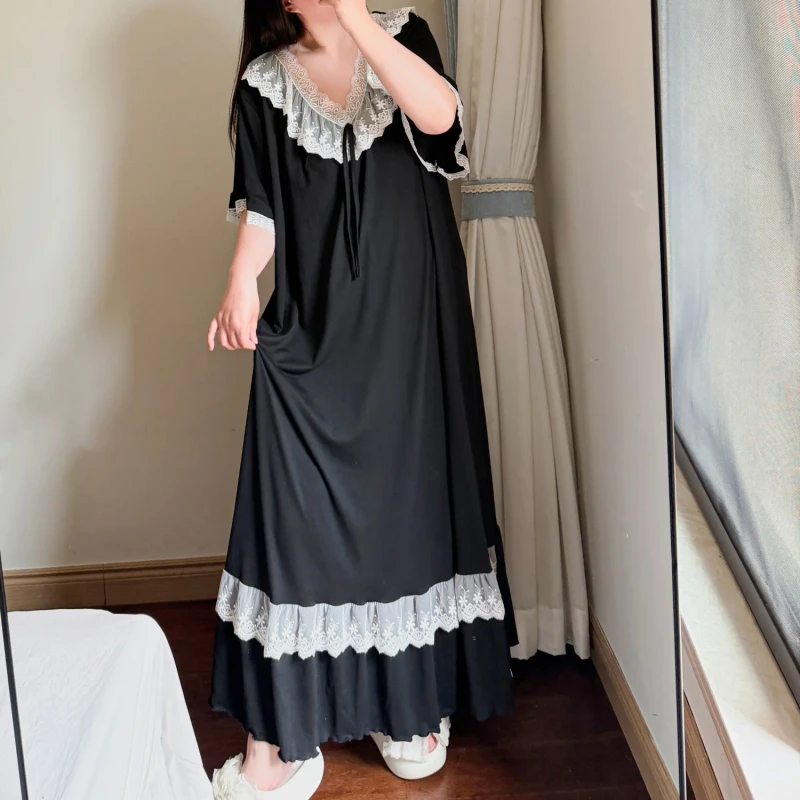 Summer Plus-Size Cute Thin-Style Modal Short Sleeve Extra-Long Nightdress for Plump Women Lace-trimmed Loungewear Pajamas