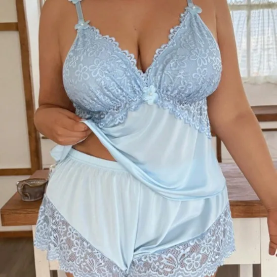 Summer Plus Size Lace Pajamas Two piece Set Sexy Ice Silk Camisole and Shorts Set Pure Desire Home Wear Nightwear for Indoor