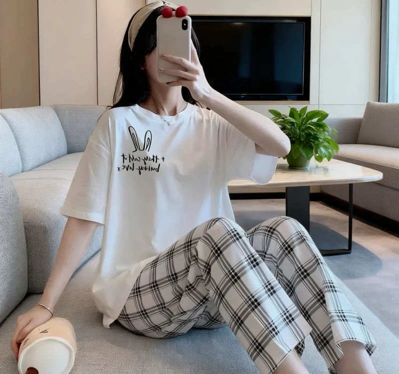Summer Polyester 2-Piece Women's Pajamas Large Size Loose Home Wear Elastic Waist Custom Print Spring Sleepwear