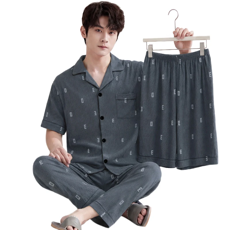 Summer Premium Men's Short sleeve Oversized Cardigan Comfortable Three piece Loungewear Set For Teens
