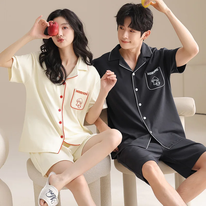 Summer Pure Cotton Short-sleeved Button-down Casual Cardigan Shorts All-cotton Men's and Women's Home Wear Sets