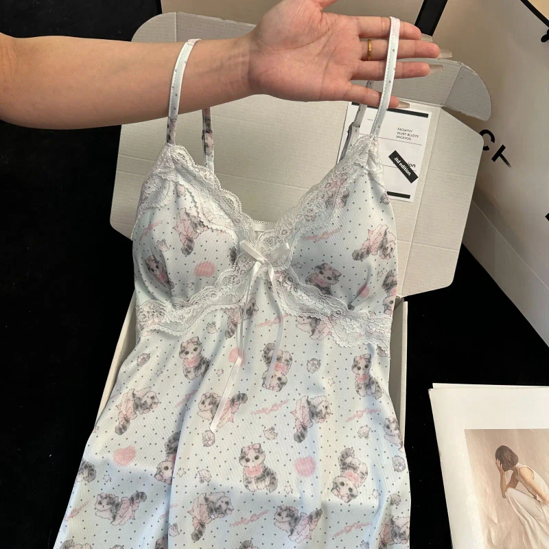Summer Ribbed Chest Pads Floral Lace Trim Adjustable Straps Cute Sweet Sexy Casual Spandex Camisole Short Nightdress Loungewear