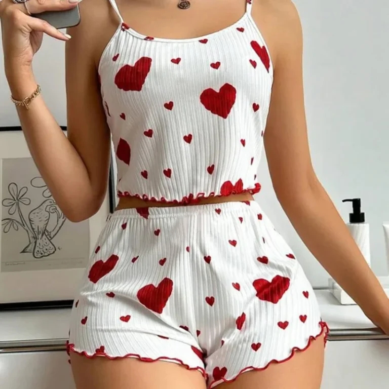 Summer-Ribbed-Knit-Pajamas-Set-Women-Heart-Print-Sexy-Camisole-Shorts-2-Pcs-Loungewear