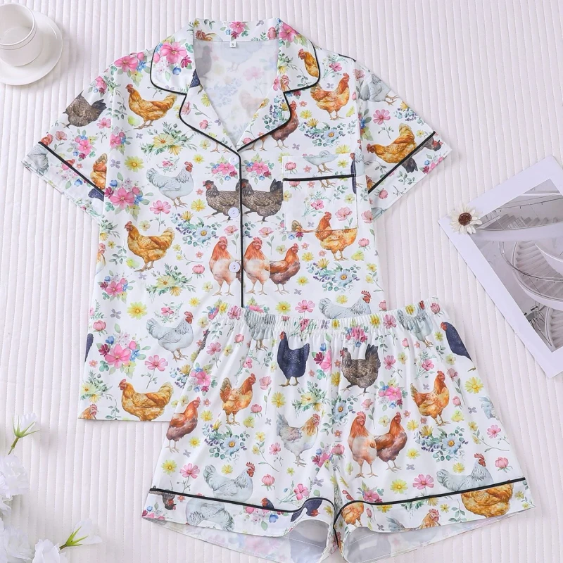 Summer Rooster Print Women's Short Sleeve Pajama Set Turn Down Collar Loose Casual Loungewear 2 Piece Set Custom