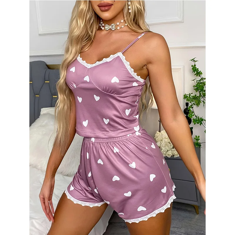 Summer Sexy Printed Lace Camisole Shorts Home Wear Women's Casual Comfortable Pajamas Set