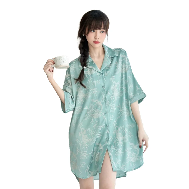 Summer Sexy Skirt Silk Nightdress Sleep Shirt Women's Breathable Satin Sleepwear Jacquard Solid Color Nightdress