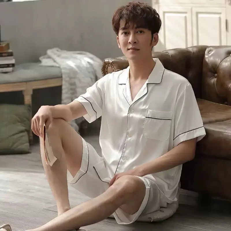 Summer Short Sleeve Shorts Pajamas Satin Breathable Nightwear Smooth Silk Cardigan V-neck Sleepwear 2Pcs Collar Home Clothing