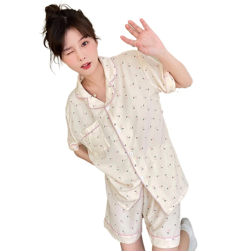Summer Short Sleeve Womens Pajamas with Shorts Pajama Sets for Women Floral Night Sleep Home Comfort Wear