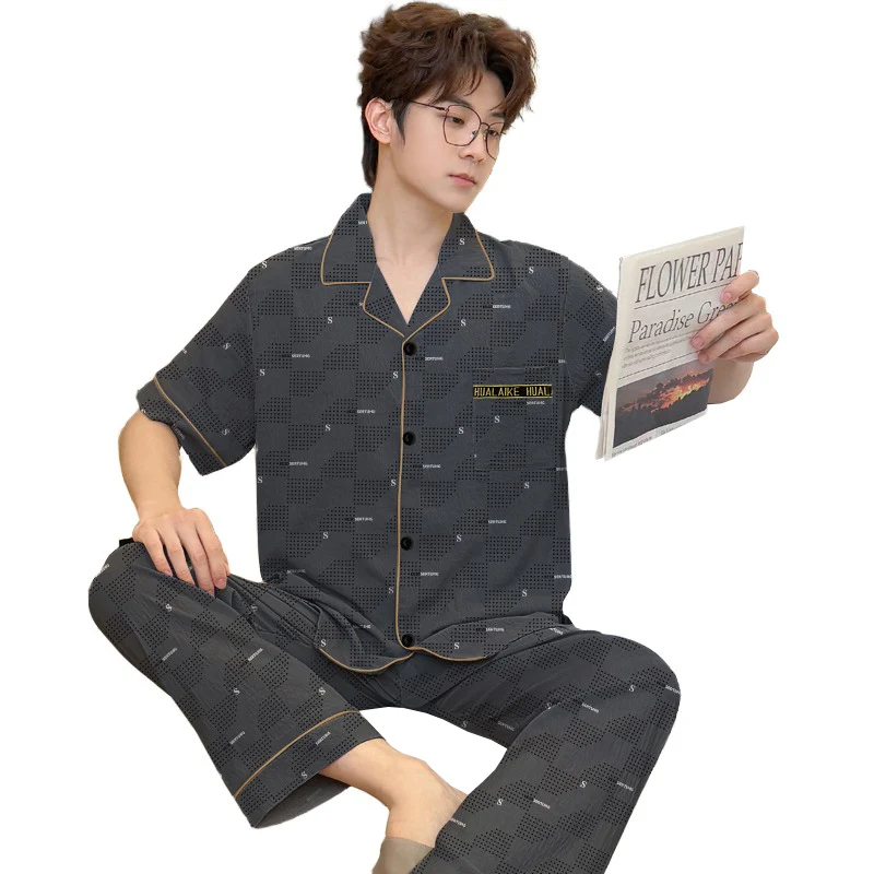 Summer Short-sleeve Long-pants Loungewear Youth Premium-feel Men's Pajamas
