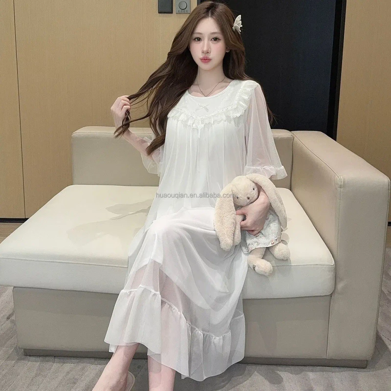 Summer Solid Color Romantic Breathable Soft White Sleep Skirt Exquisite Lace Edge Mesh Gauze Fashion Nightdress