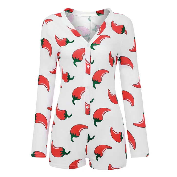 Summer Spring Sexy Elastic Waist One Piece Print Pajamas Thermal Long Sleeve Onesie Sleepwear for Women