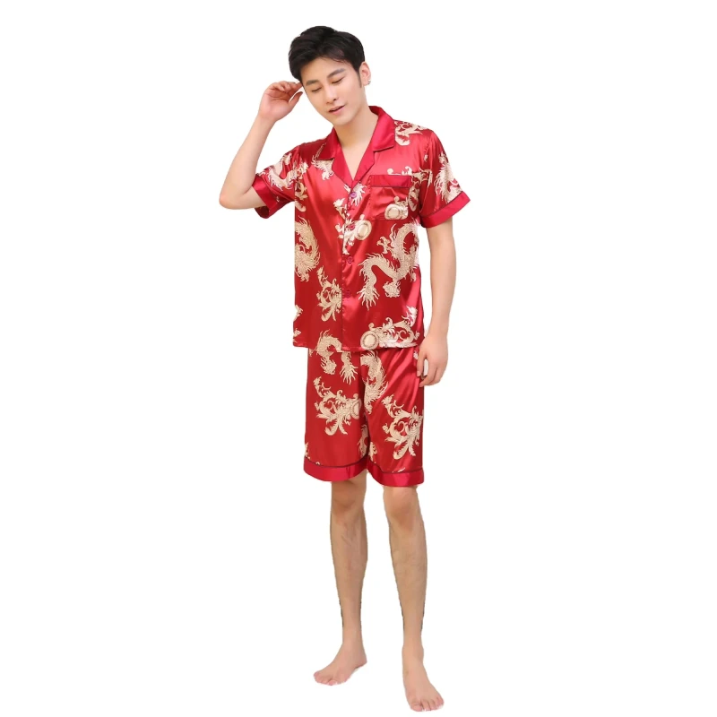 Summer Style Men's Satin Dragon Print Sleepwear Turn Down Collar Short Sleeve and Shorts Elegant Man PJ Set
